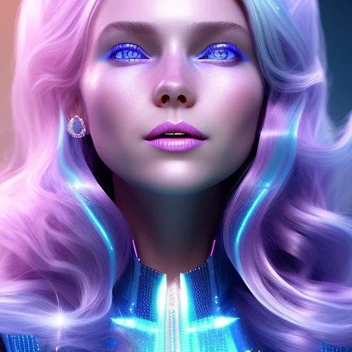 A portrait of a full body crystalised blue pink queen,smiling face, blue eyes, long blond hair, atmospheric, realistic, unreal engine, lighting