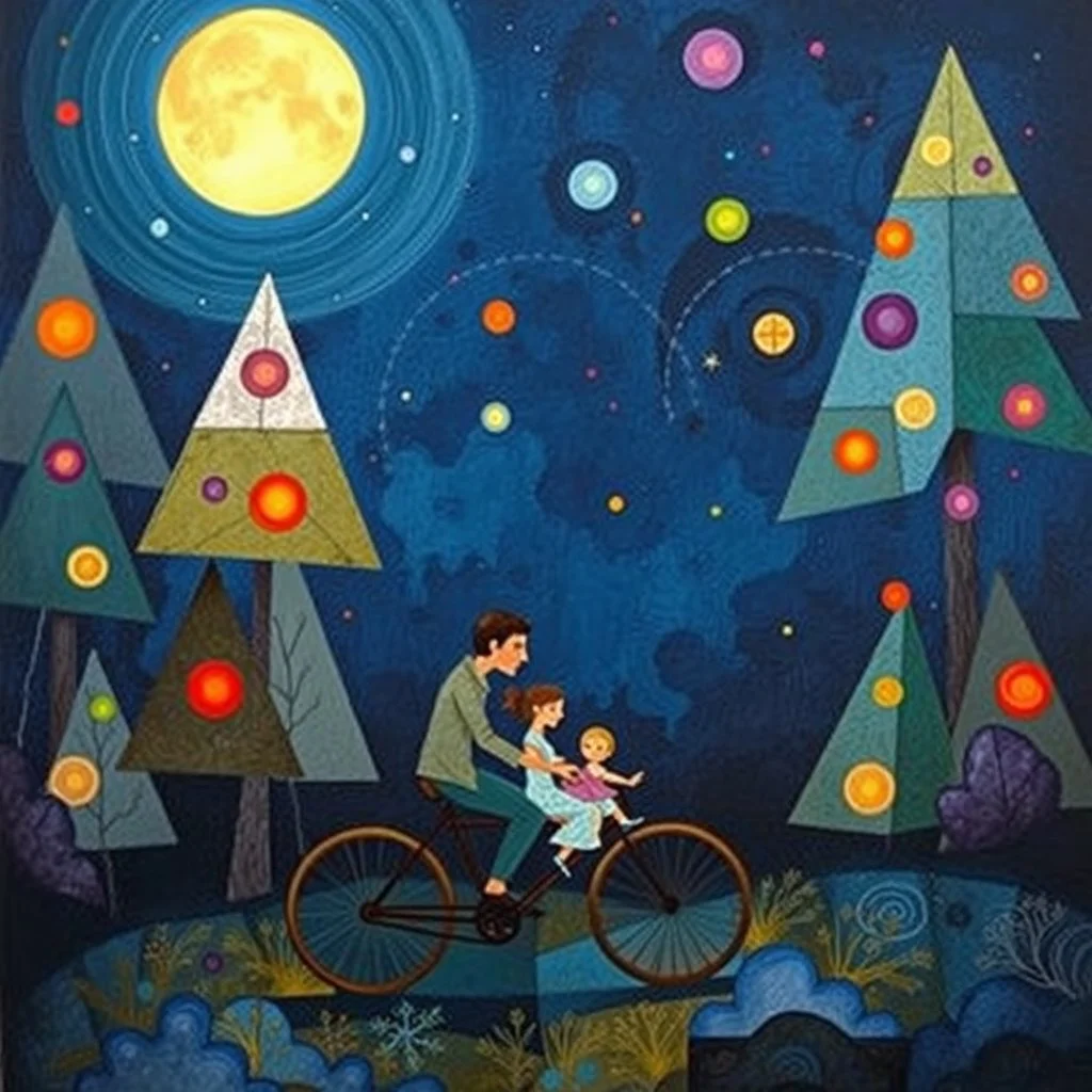create a poetic dreamlike painting in the style of Marc Chagall, geometric family of father, mother, and baby riding a bicycle through a magical night forest, glowing triangular trees and colorful circles floating like stars, large luminous moon overhead, painterly textures with deep blues and purples, surreal and emotional atmosphere --ar 16:9 --v 7 --style 4b --q 2