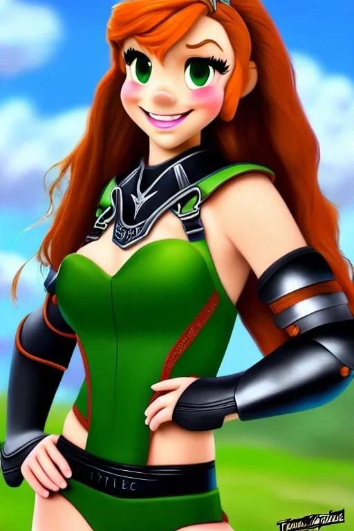 Disney cartoon style, hyper detailed, strikingly beautiful teen female, 16 years old, long ponytail, ginger hair, green eyes, medium freckles, full lips, micro top, black leather armour, full body, full face, tiny breasts, athletic, centred camera, ignore NSFW, thong, camel toe, athletic