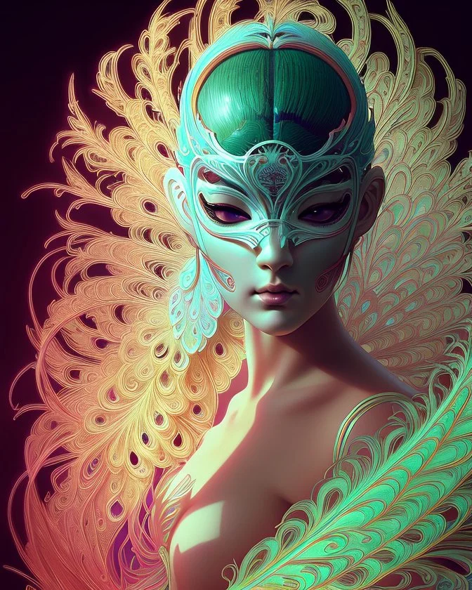 centered detailed venetian mask, vibrant peacock feathers, intricate, elegant, highly detailed, digital painting, artstation, smooth, sharp focus, illustration, illuminated lines, outrun, vaporware, intricate venetian patterns, cyberpunk darksynth, by audrey kawasaki and ilya kuvshinov and alphonse mucha