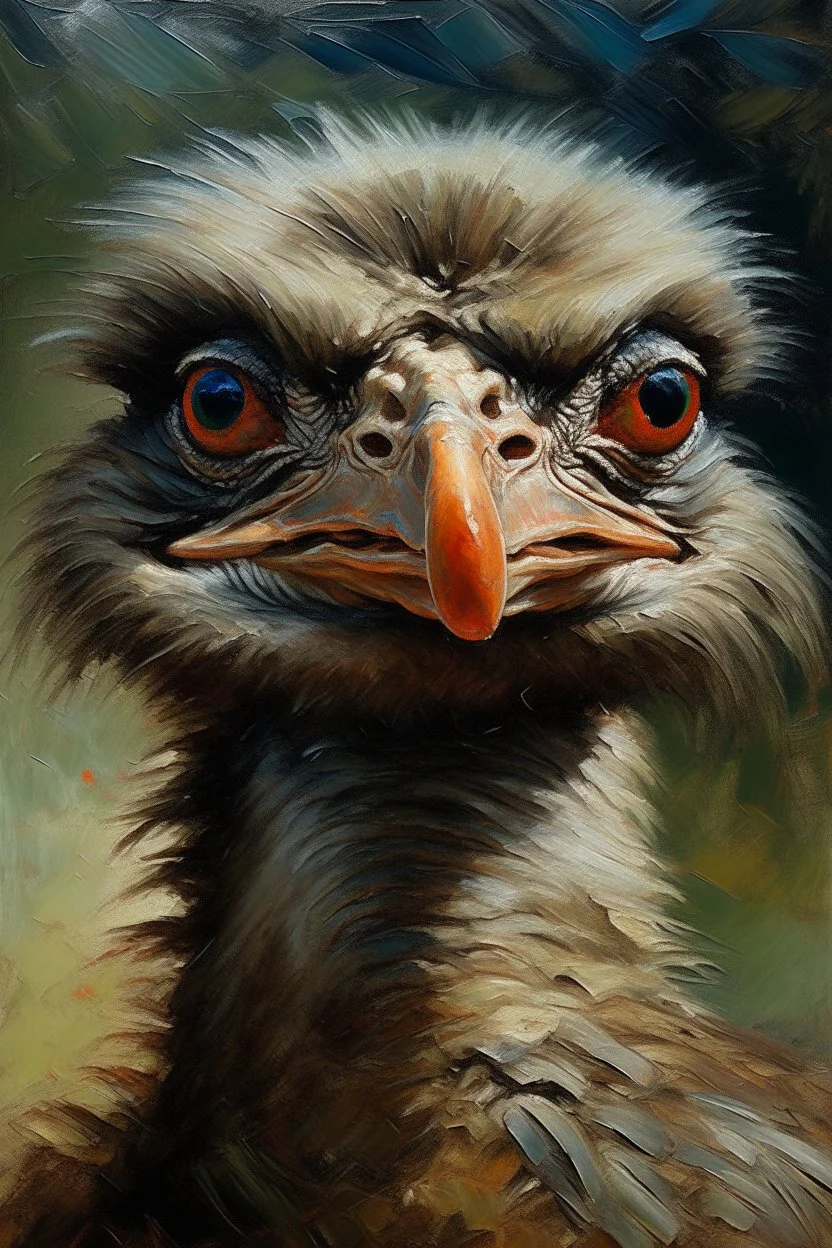 An oil painting of a very beautiful ostrich with wide eyes