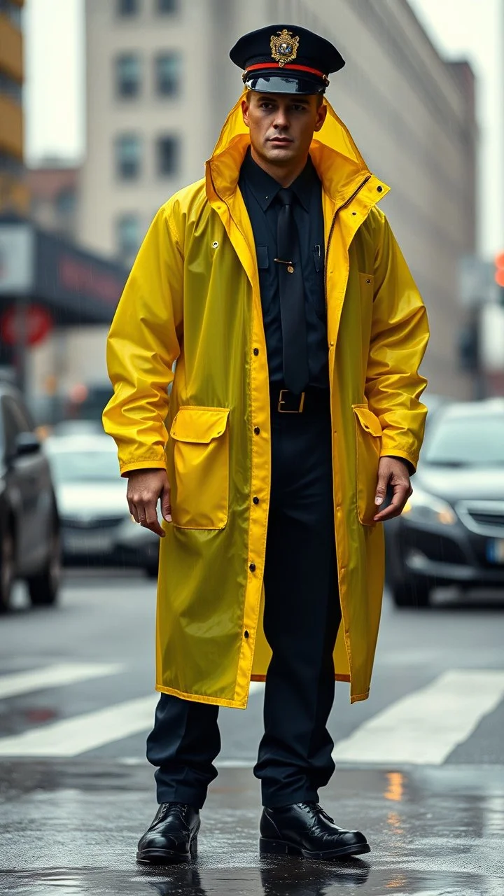 classic vintage retro nypd full body color policeman wtih heavy yellow rain transparent coat