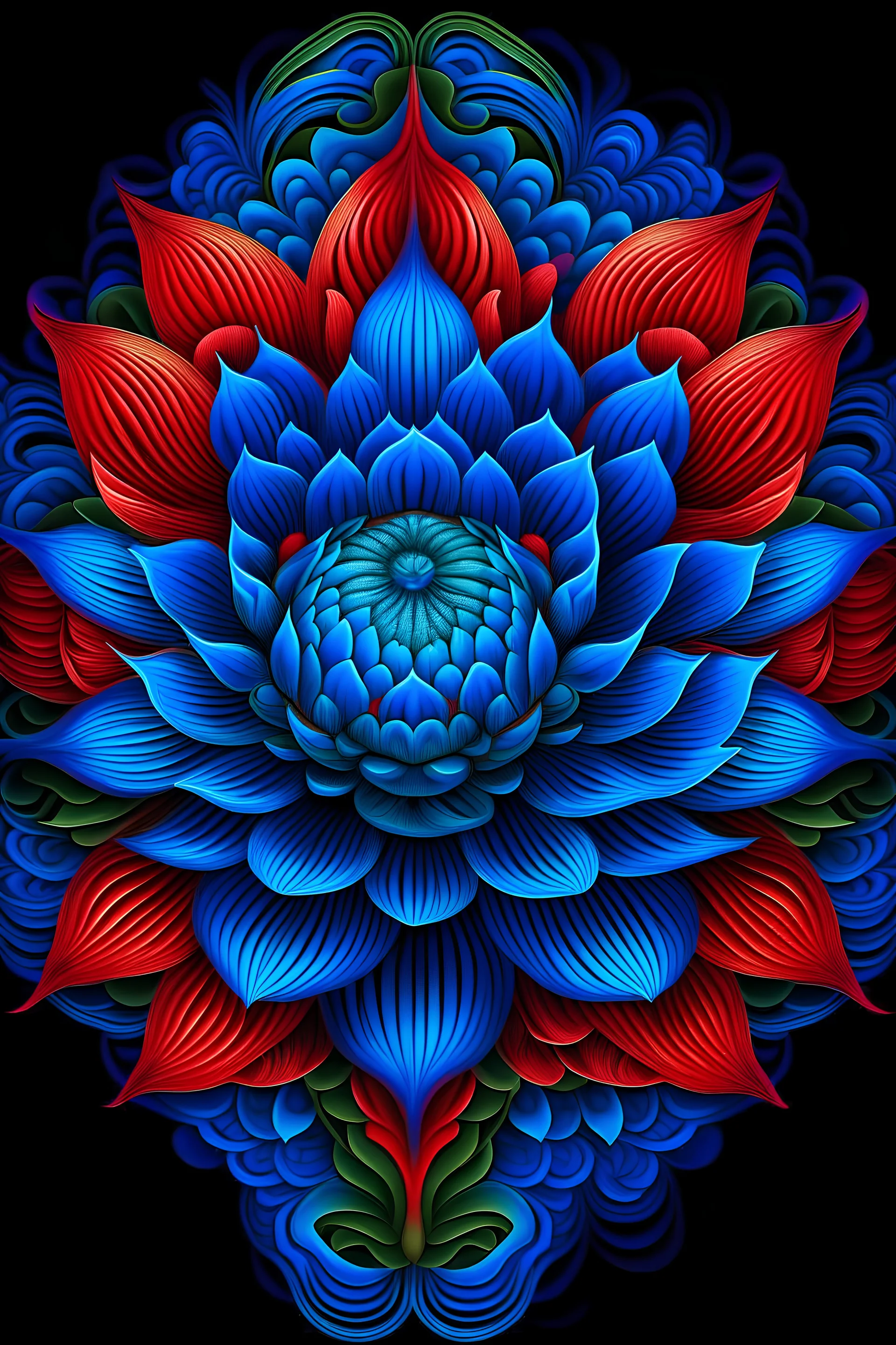 Psychedelic Art of a Azure-Blue Lotus with a Crimson-Red Eye for center bud