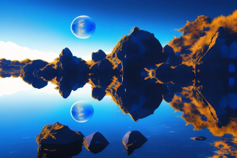 blue exoplanet in the sky, water reflection, rocks, vegetation, hd