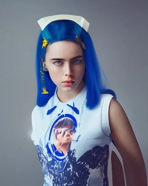 Billie Eilish, full body, on the bed, in my underwear, pale skin, high detail, realistic, 8k, not to be distinguished from a photo, identical pupils