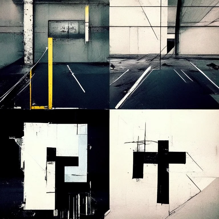 Minimal abstract oil paintings desolate 1960s carpark concrete fragments. Walls covered in grungy typography. style of Justin Mortimer and Francis Bacon. road markings.