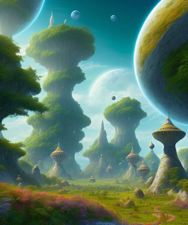 giant object with tiny people looking up at it , foreground, middle ground, far ground* Fantasy world landscape