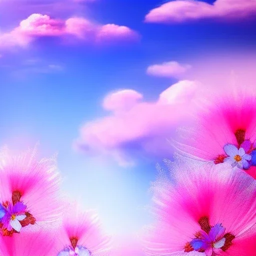 beautiful dream, mystical, cascades, delicate flowers, masterpiece, pastel colors, blue river, pink clouds,8k