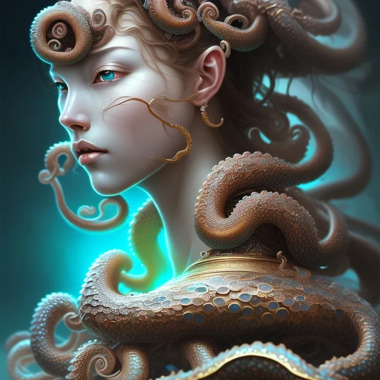 Sango fantasy, fantasy magic, intricate, sharp focus, illustration, highly detailed, digital painting, concept art, matte, art germ and Paul Lewin and Kehinde Wiley, masterpiece Japanese lady head bronze octopus Asian African girl nice breast Thai hair turquoise silver blue waves