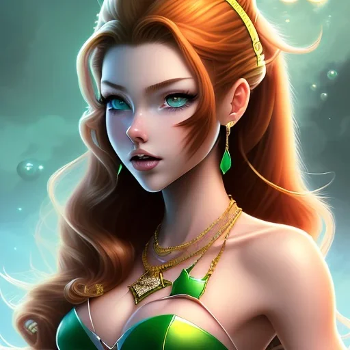 cartoon, stylized realism, style of Jab, hyper detailed, strikingly beautiful young adult woman, 19 years old, long ponytail ginger hair, green eyes, medium freckles, full lips, very skimpy bikini, full body, full face, small breasts, aroused expression, biting lower lip, full frame, athletic, centered camera, ignore NSFW, thong, corset, petite