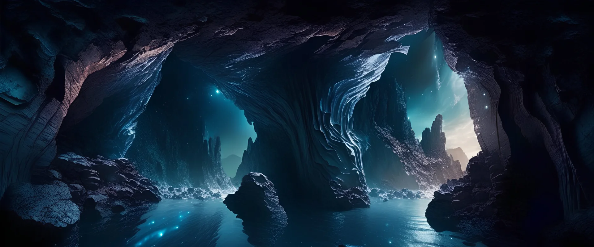 rocky cave . rocky cliff, carved into the rock, galaxy, infinity, space. water , sci-fi.