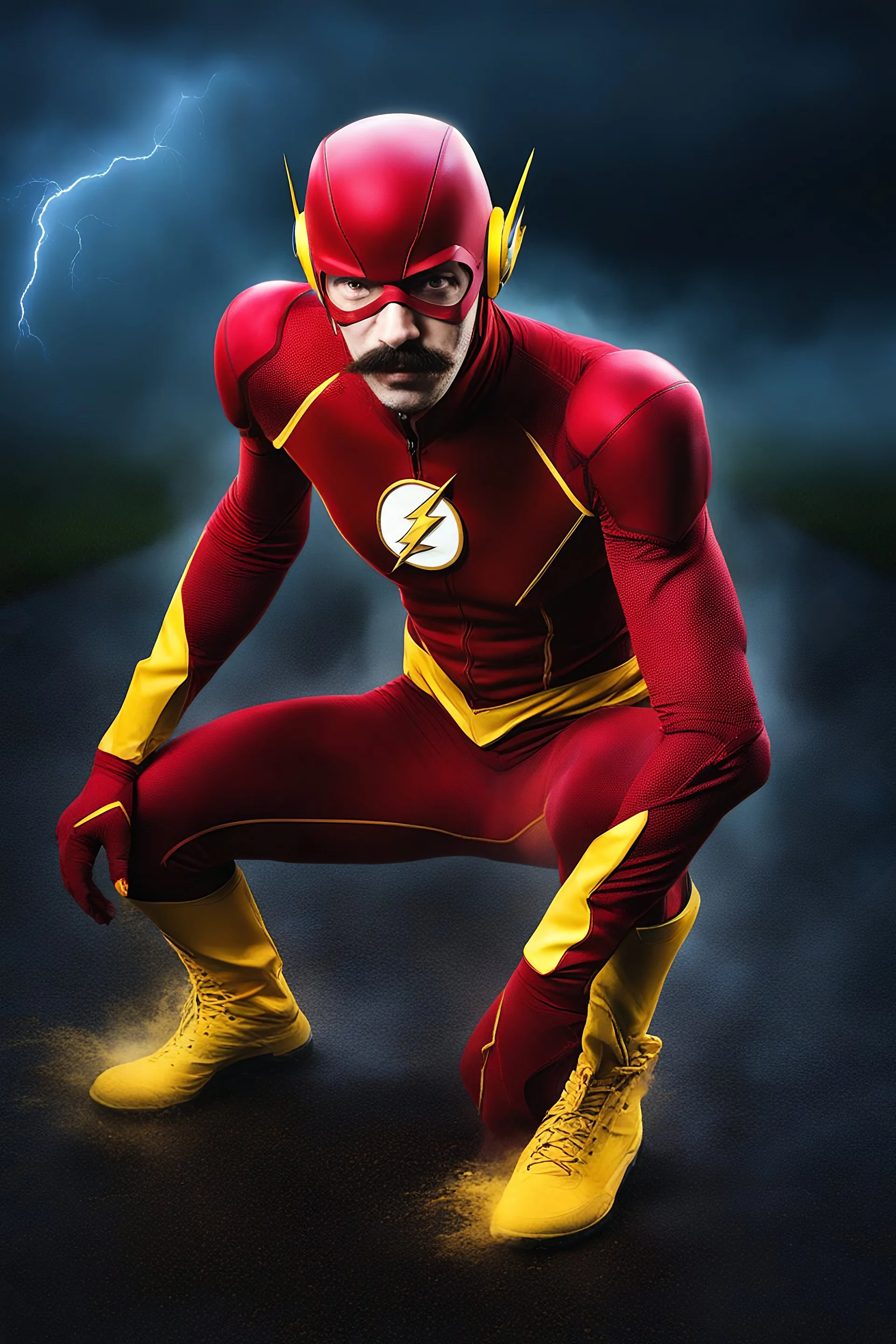 the Flash with gold boots, with mustache, goatee, bright, cobalt blue eyes, digital photograph, dark stained wall with fog in the background extremely colorful, foggy in the foreground, multicolored lightning and outer space in the background, professional quality digital photograph, ultra details, extremely sharp focus, the background of the image is a dark and tenebrous