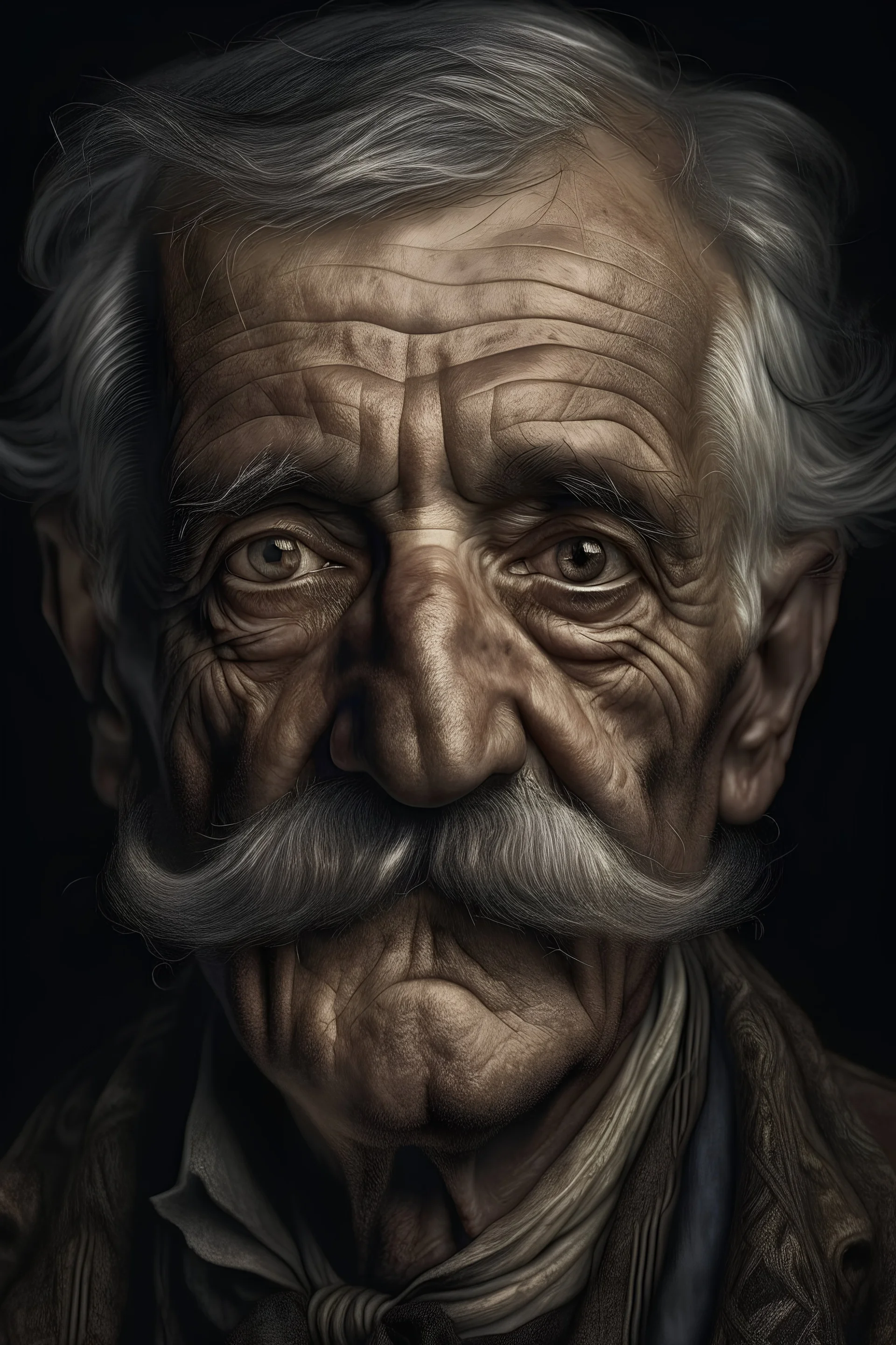 Highly detailed portrait of old French man, black mustache, ghost,