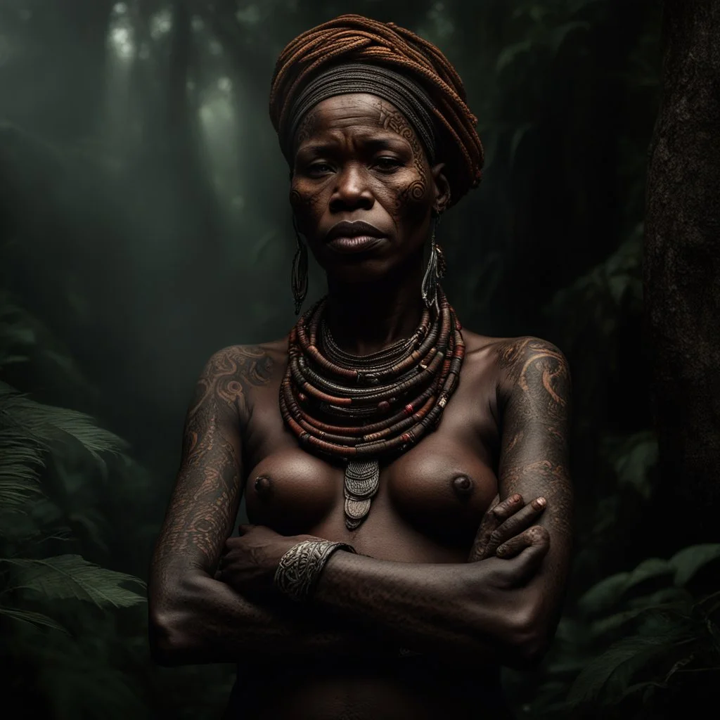 Behold the powerful alluring and pretty african congo shaman woman, her body adorned with mystical tattoos, in the middle of congo jungle. intricate details, HDR, beautifully shot, hyperrealistic, sharp focus, 64 megapixels, perfect composition, high contrast, cinematic, atmospheric, moody