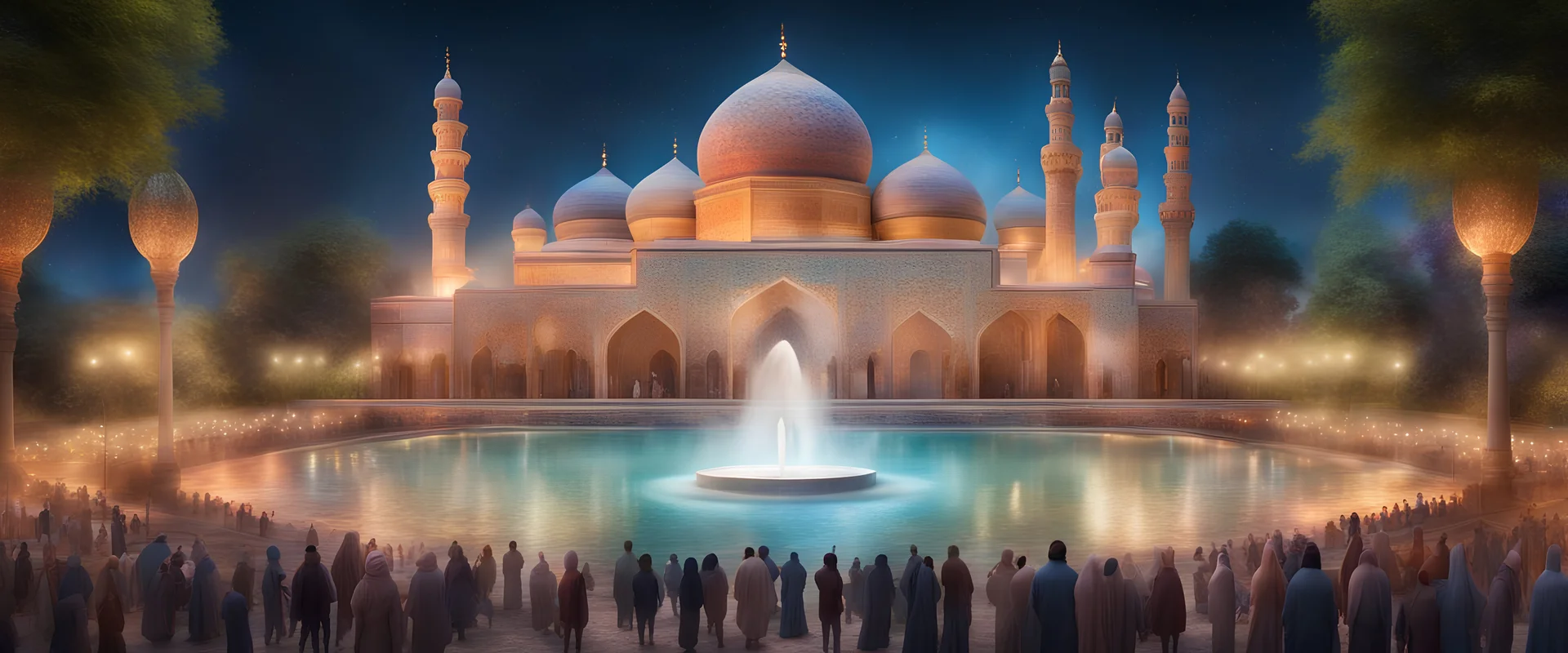 Hyper Realistic lots of people in a Huge multicolor rustic wall textured Mosque with beautiful fountain inside a garden at beautiful night with decorative lights