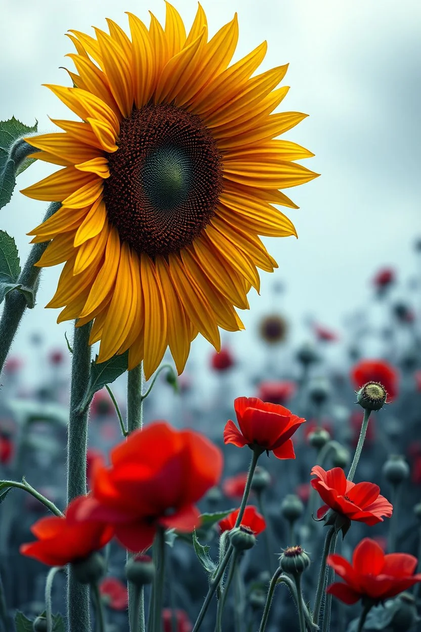 Sunflower surrounded with a lot of red poppies growing out of a zombie
