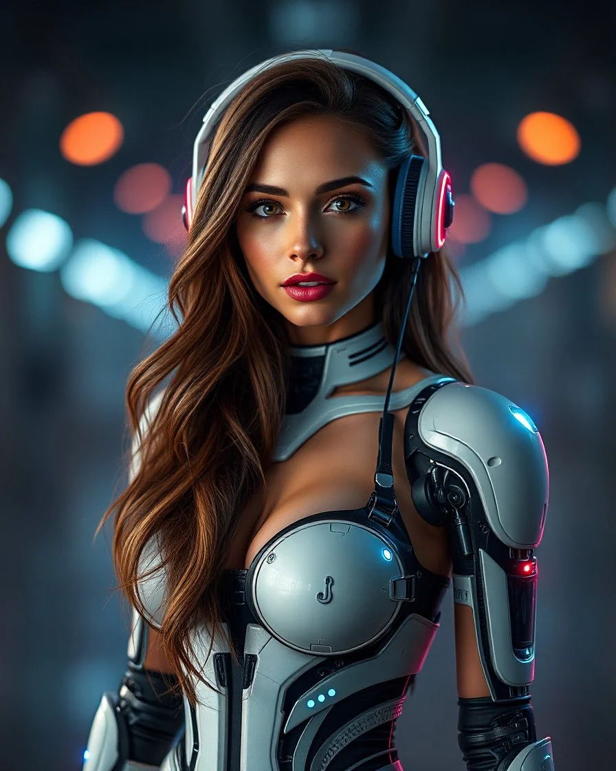 Beautiful woman super model brown long hair science fiction style humanoid half with full body cyborg mechanicals and cybernetics lights wearing headphones,she on standing sweet pose