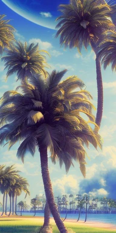 1980's aesthetic vaporwave palm trees with spheres and ufo