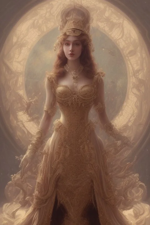 beautiful and gorgerous duchess with incredible jewellery in 19th century clothing by Greg Rutkowski and Artgerm and Emile Vernon and Vladimir Volegov, in a brown dress, mystical castle background, art illustration, natural beauty, muted colors, pastels, perfect fingers, higly detailed, expressive, high detail, symmetrical, digital painting, symmetrical eyes, dynamic lighting, artstation, cinematic lighting, intricate artwork, emitting diodes, smoke, artillery, sparks, racks, system unit, mother