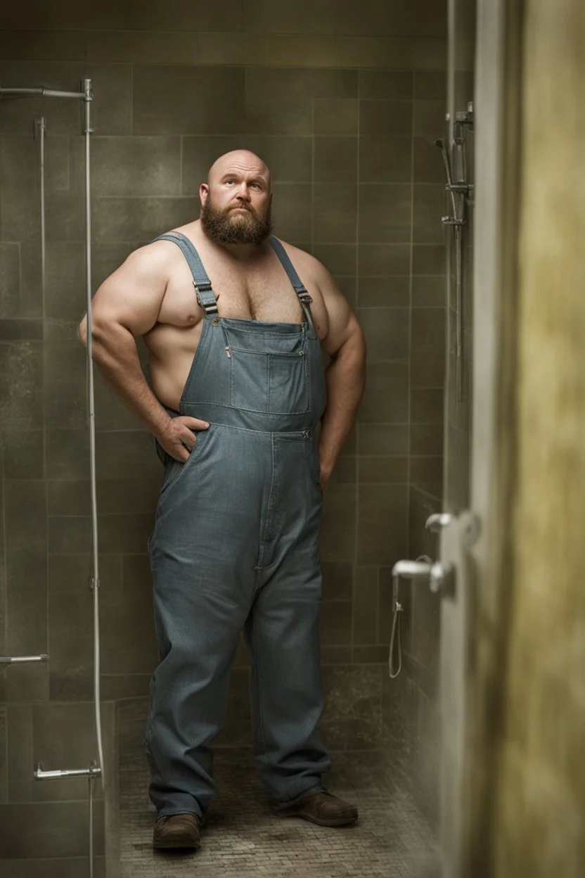 full figure photo, burly big chubby russian plumber, dirty, ripped overalls, 38 years old, crossed arms, shaved, short beard, manly chest, virile, arms, ugly, big thighs, under the flushing shower, sunlight , photorealistic, 35mm lens, ultra detailed