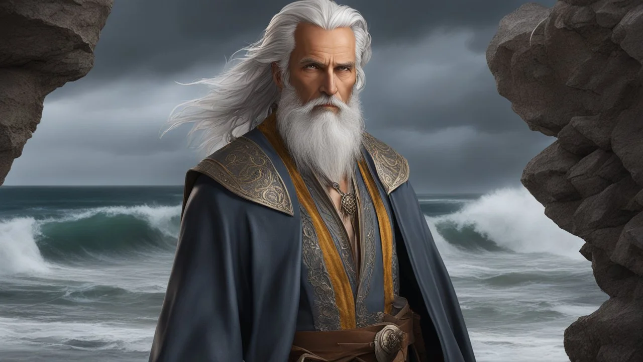 The stately and wise sorcerer named Pealda Stormbringer is walking on a rocky beach looking at a stormy ocean. He is dressed as a lord. He has grey hair and a white beard. beautiful light brown leather gloves. no jewelry. everything is intricately sculpted, exquisite realism, fantasy art, identical eyes, perfect face, Hyperrealistic, splash art, concept art, mid shot, intricately detailed, color depth, dramatic, 2/3 face angle, side light, colorful background