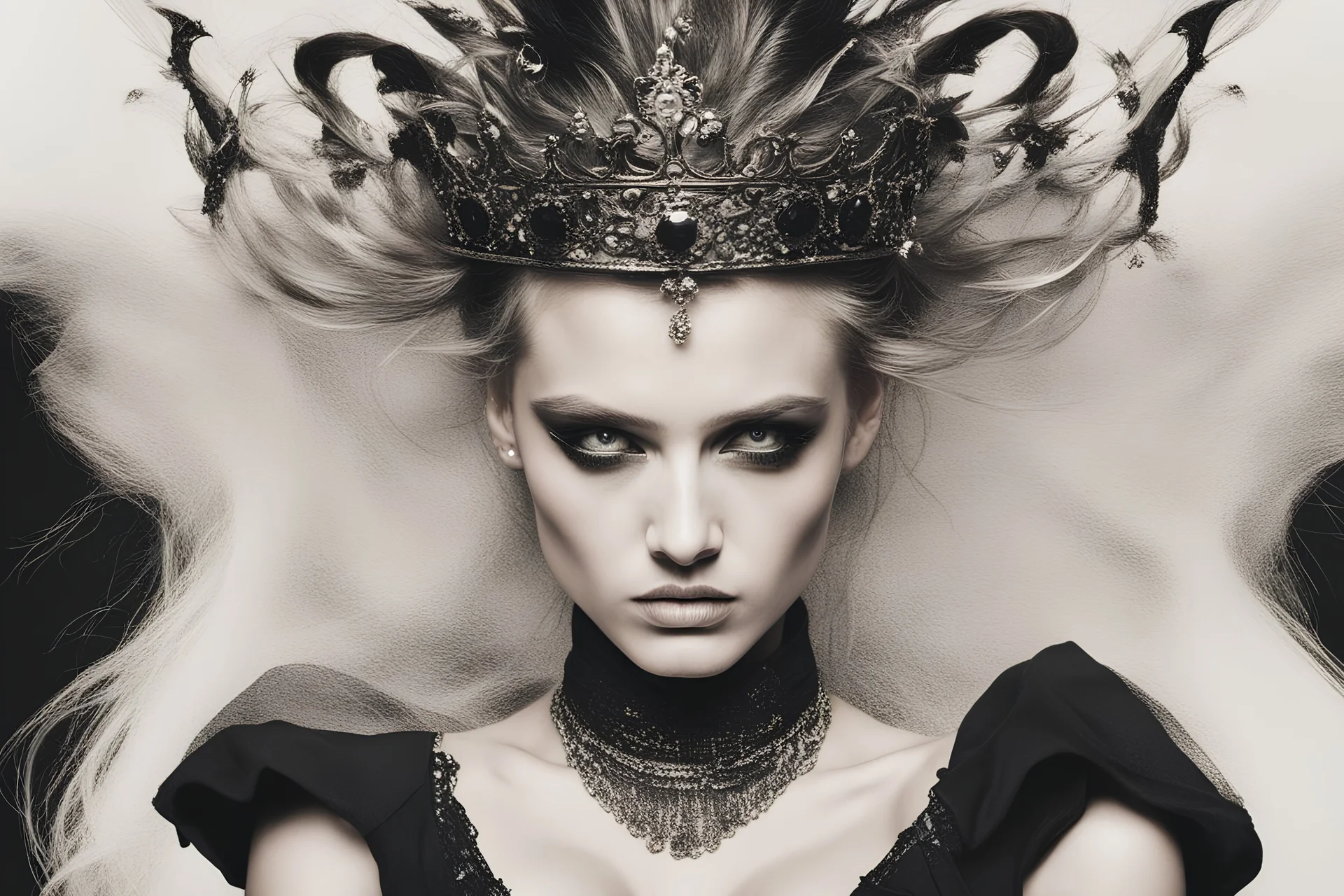 close up of a dancer in black dress with crown, angry expression, with beautiful face