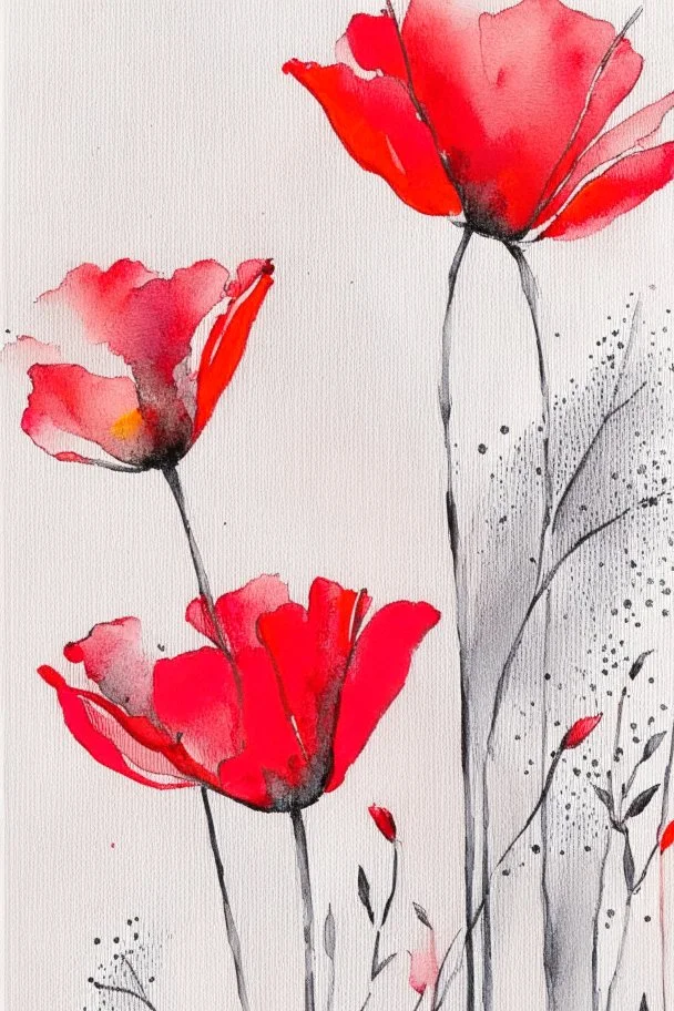 Abstract wet watercolour, bright red grey stalks poppies