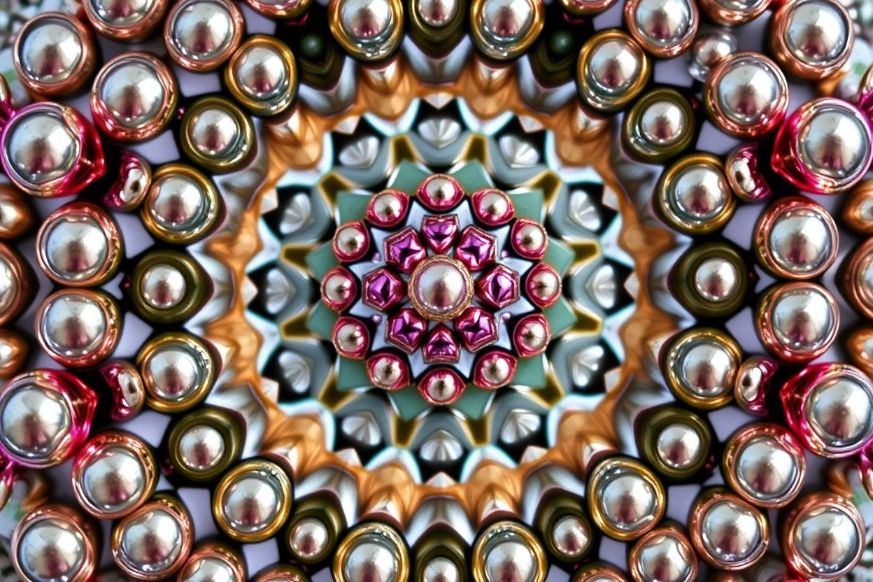 3d Kaleidoscope recursive made of a metallic random color pearl spheres,hexagon diamonds, turning many times likr Spirograph drawing Kaleidoscope Ruler Set creation