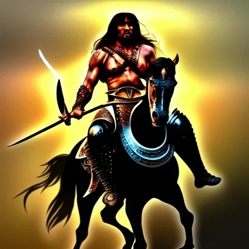 ultra detailed portrait of Conan the barbarian Riding a black horse, wearing armor and Sword, extremely detailed digital painting, extremely detailed face, in the style of robert e howard and Simon Bisley and Ashley Wood, mystical colors, rim light, beautiful lighting, 8k, stunning scene, raytracing,perfectly centered image, perfect composition