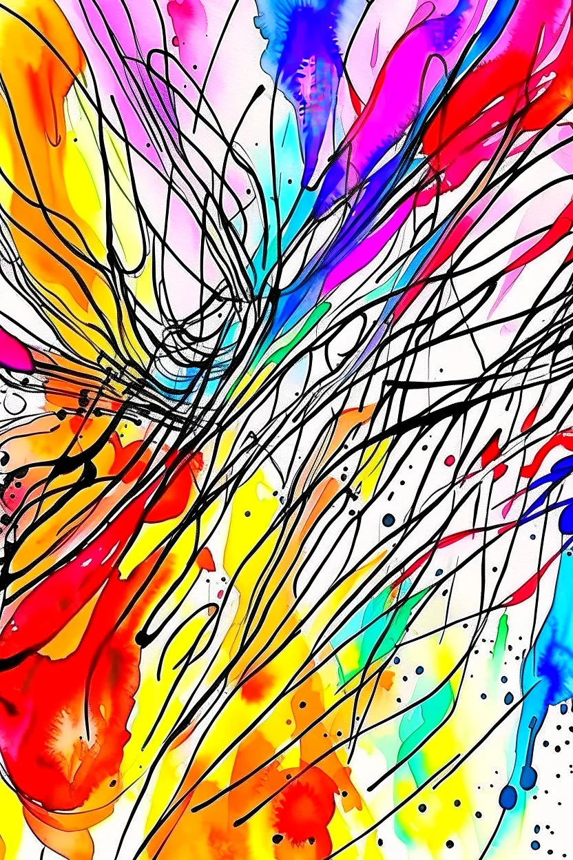 Abstract wet watercolour, ink lines