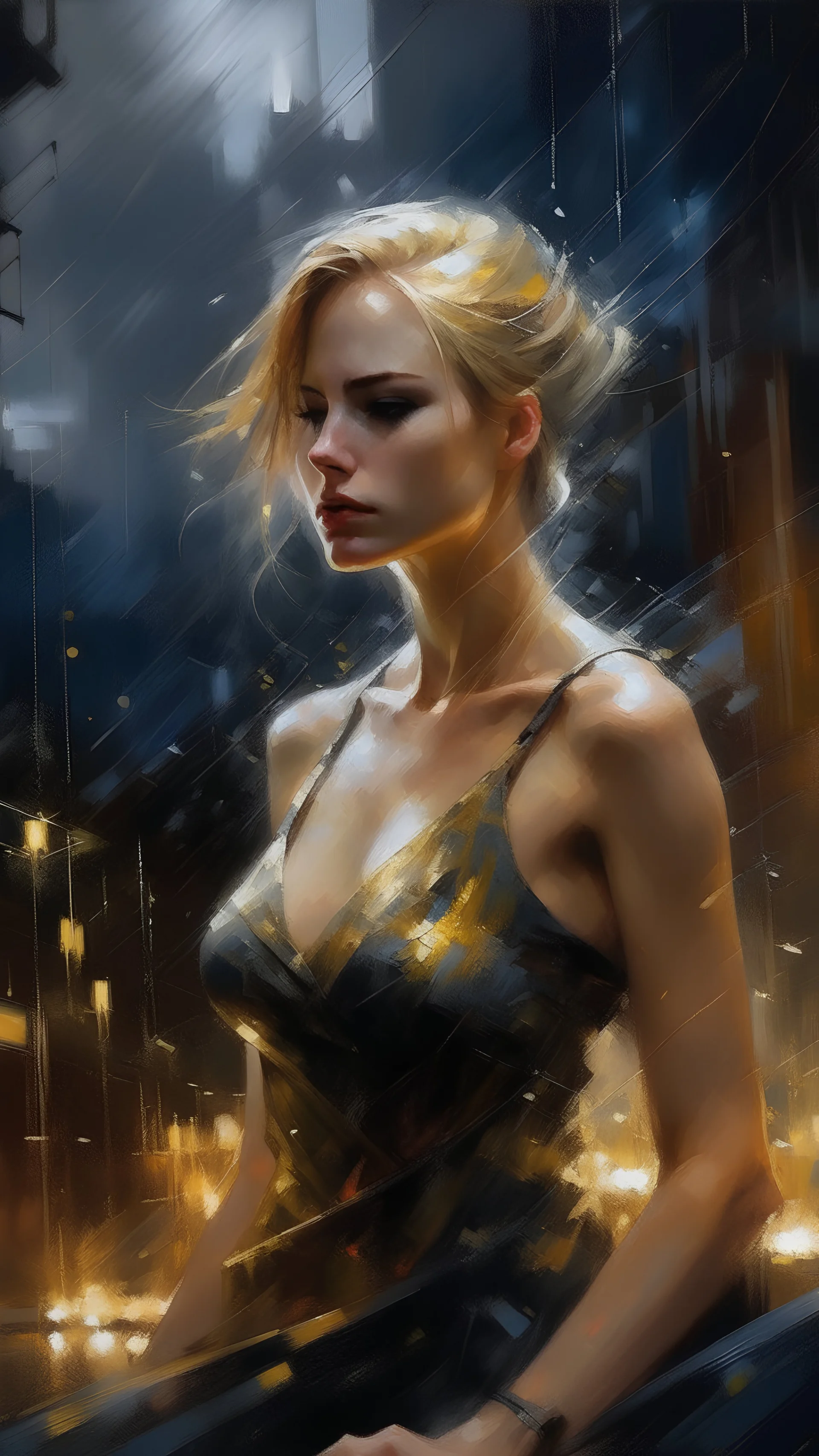 a beautiful woman with golden hair blending with thunder lightning in starry night sleeveless gown, rainy night,thunder lightning , art by Greg Rutkowski, WLOP Baptist Monge, Michael Garmash, Alberto Seveso and Russ Mills