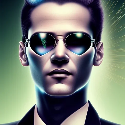 A beautiful portrait of man neo in the matrix, high key lighting, volumetric light high details psychedelic background