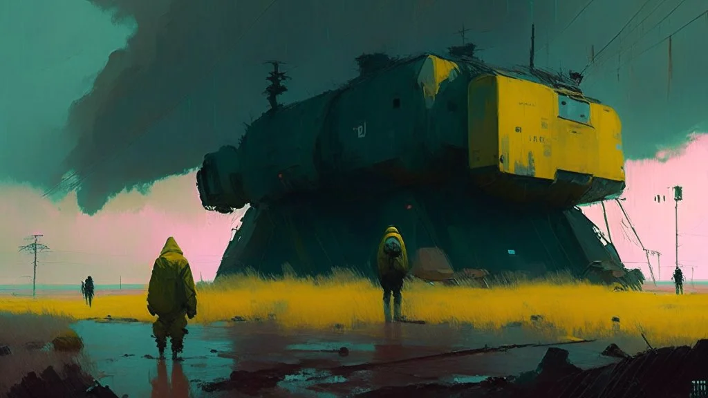 Science fiction painting, Denis Sarazhin Simon Stålenhag, Goro Fujita Nicolas Bruno, sinister skies, harsh survivalism, Peter Sallesen, Hamish Frater, ominous vibes