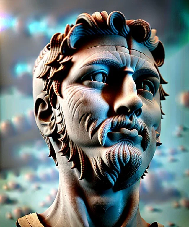 Realistic image, roman sculpture, marble material, Lionel Messi model, miguel angel style, God light, god rays, 4k resolution, intricate details, ornate details, soft lighting, unreal engine 5, Celest gradient color background.