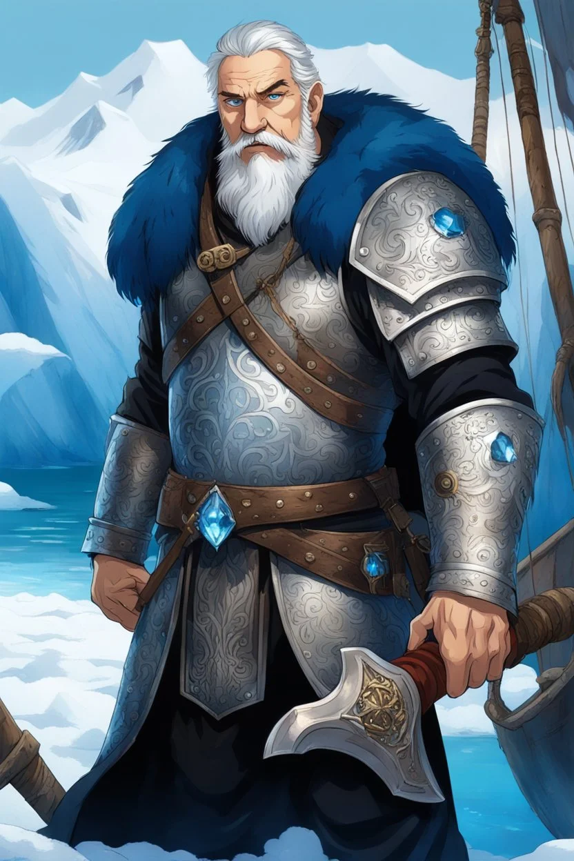 ,1older man, a older man with blue eyes and black hair man in silver Viking armor with fur around the neck with blue crystal on his chest holding an axe in his hands standing on a pirate ship in the artic, warrior in anime style,