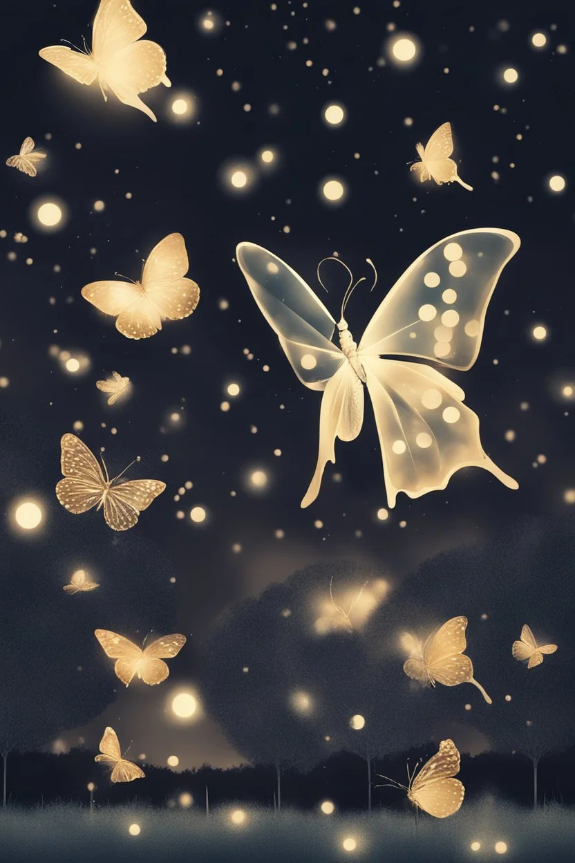Bubbles and Butterflys flying to the sky at midnight
