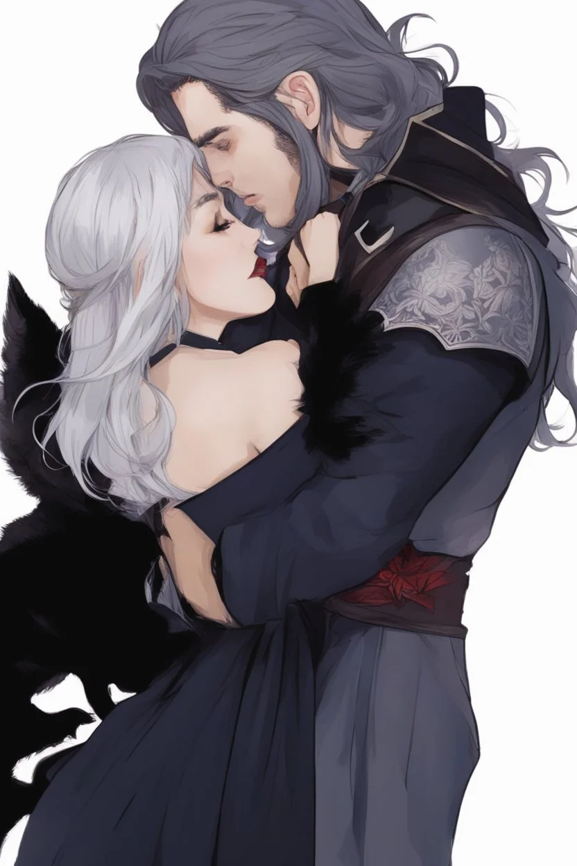 Couple from dnd kissing, woman with white hair wearing a dress, man with long black hair tunic and red cloak.