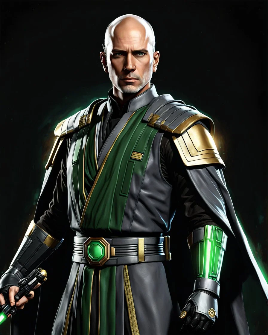 star wars bald male corellian jedi pilot wearing black and gunmetal grey old republic armored robes with gold trim inside the jedi temple holding a lightsaber with viridian green blade in left hand, centered head and shoulders portrait, hyperdetailed, dynamic lighting, hyperdetailed background, 8k resolution, volumetric lighting, light skin, fully symmetric details