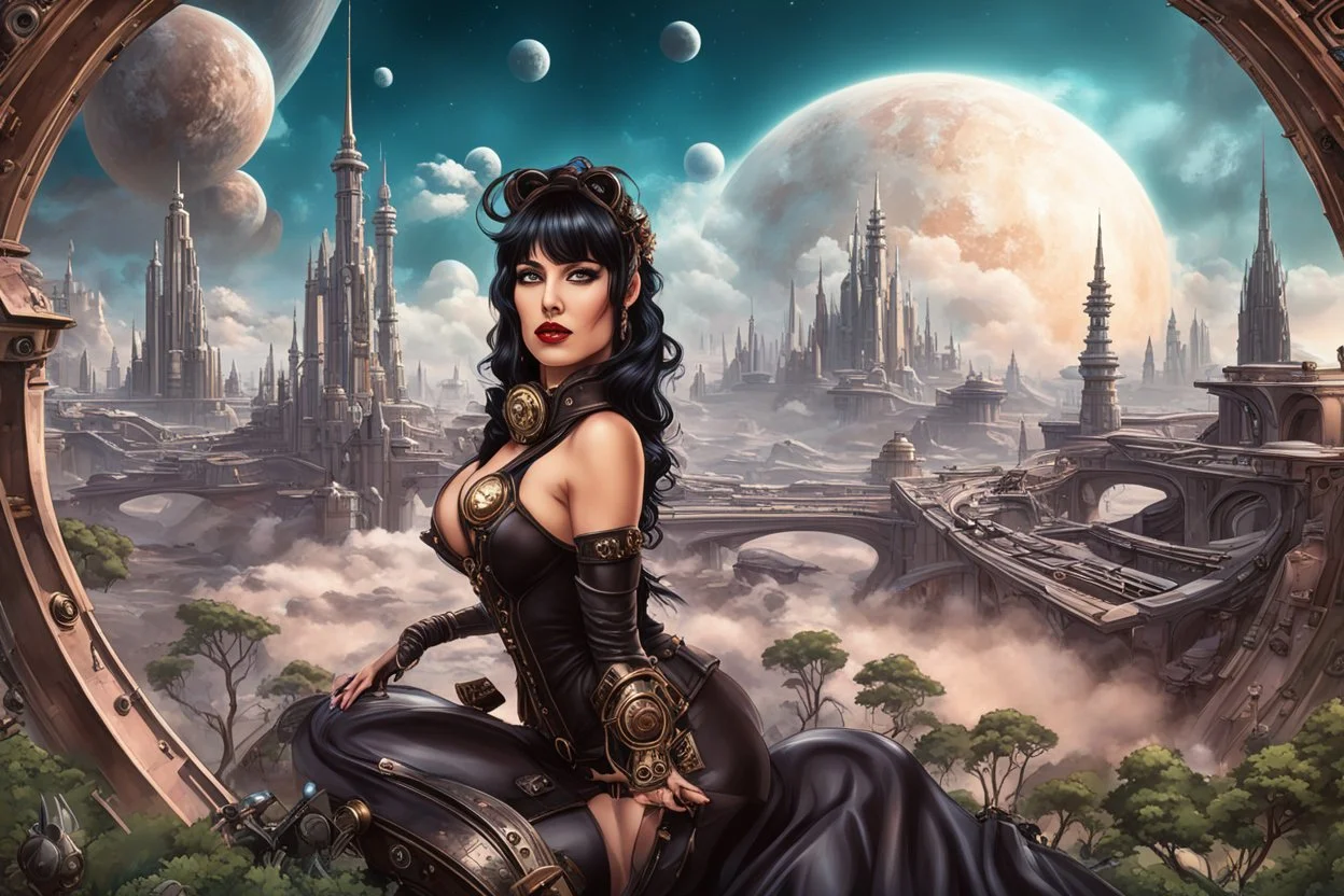 erotic sci-fi steampunk pin-up girl, with long dark hair with bangs, on an alien planet with cloud trees, tall spires, buildings, bridges, arches, photorealistic