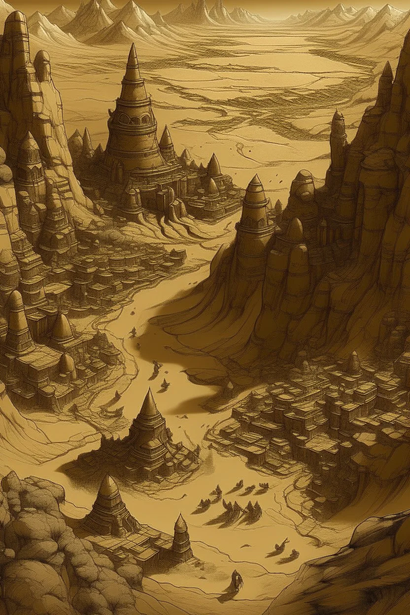 A brown kingdom in a rocky desert designed in ancient Egyptian hieroglyphics painted by Leonardo da Vinci