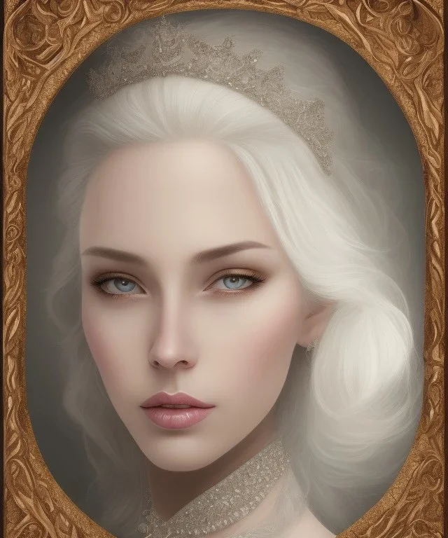 portrait borders ice white Princess with white hair, a crown with precious stones