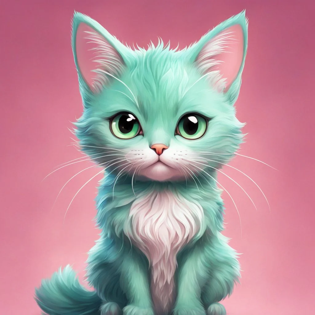 A delightful and adorable cartoon illustration featuring a cute mint-colored cat against a charming pink background, (delightful illustration:1.4), (adorable cartoon cat:1.5), (charming pink background:1.3), (expressive mint hues:1.2), inspired by the styles of cute cartoon artists, trending on ArtStation, Intricate, Sharp focus, vibrant lighting, (whimsical:1.4), (playful ambiance:1.3), (lush fur details:1.5), Cartoon, Masterful, Captivating, High Detail, Cinematic view