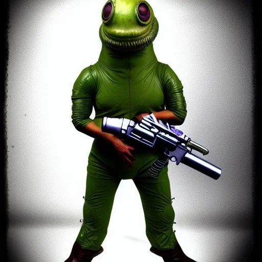 Alien, snake, metaljellyfishsombrero, vest, hands, holding gun, holster, steel military boots, squishy, chest plate, oxygen mask, bulbus nos snout, reptile pupil, blasterrifle, jacked, sail, body suit, shin gauntlet