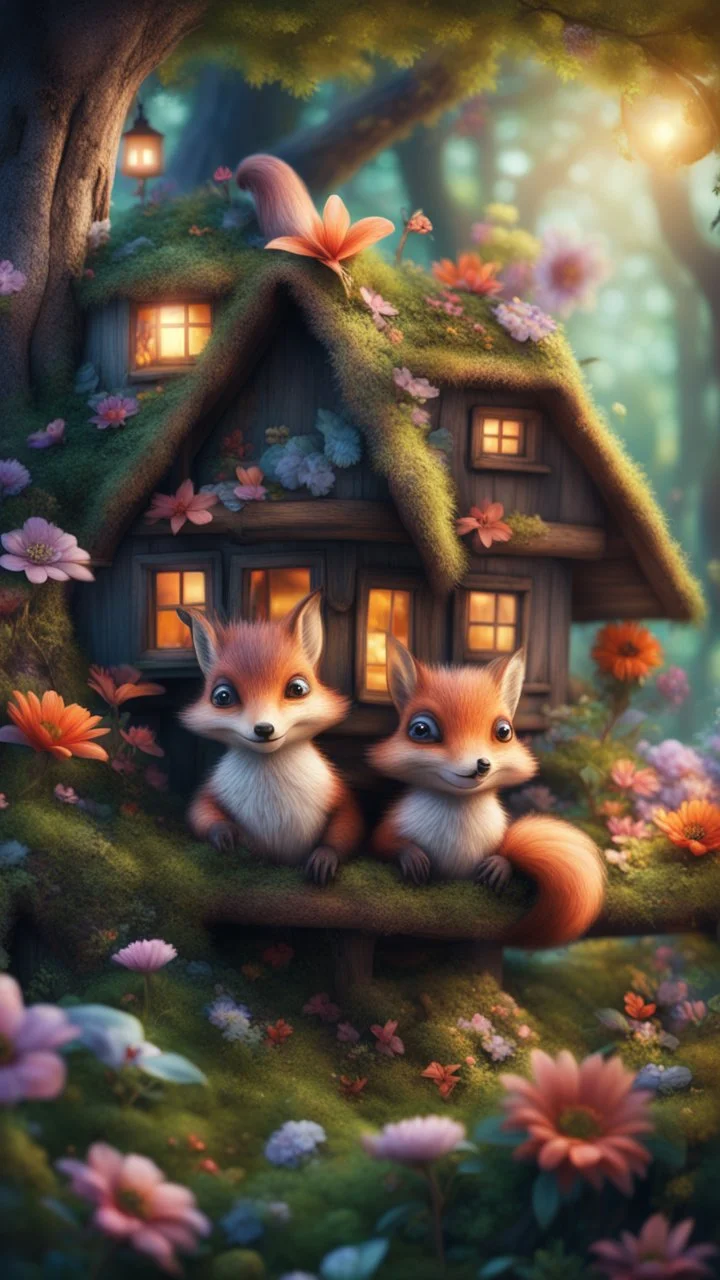 magazine cover with black border, adjust hue for evening, close up portrait of sleepy fox bug squirrel couple with weird worried cute huge eyes in a tree house in wonderful enchanted magical forest with amazing variety of flowers,bokeh like f/0.8, tilt-shift lens 8k, high detail, smooth render, down-light, unreal engine, prize winning