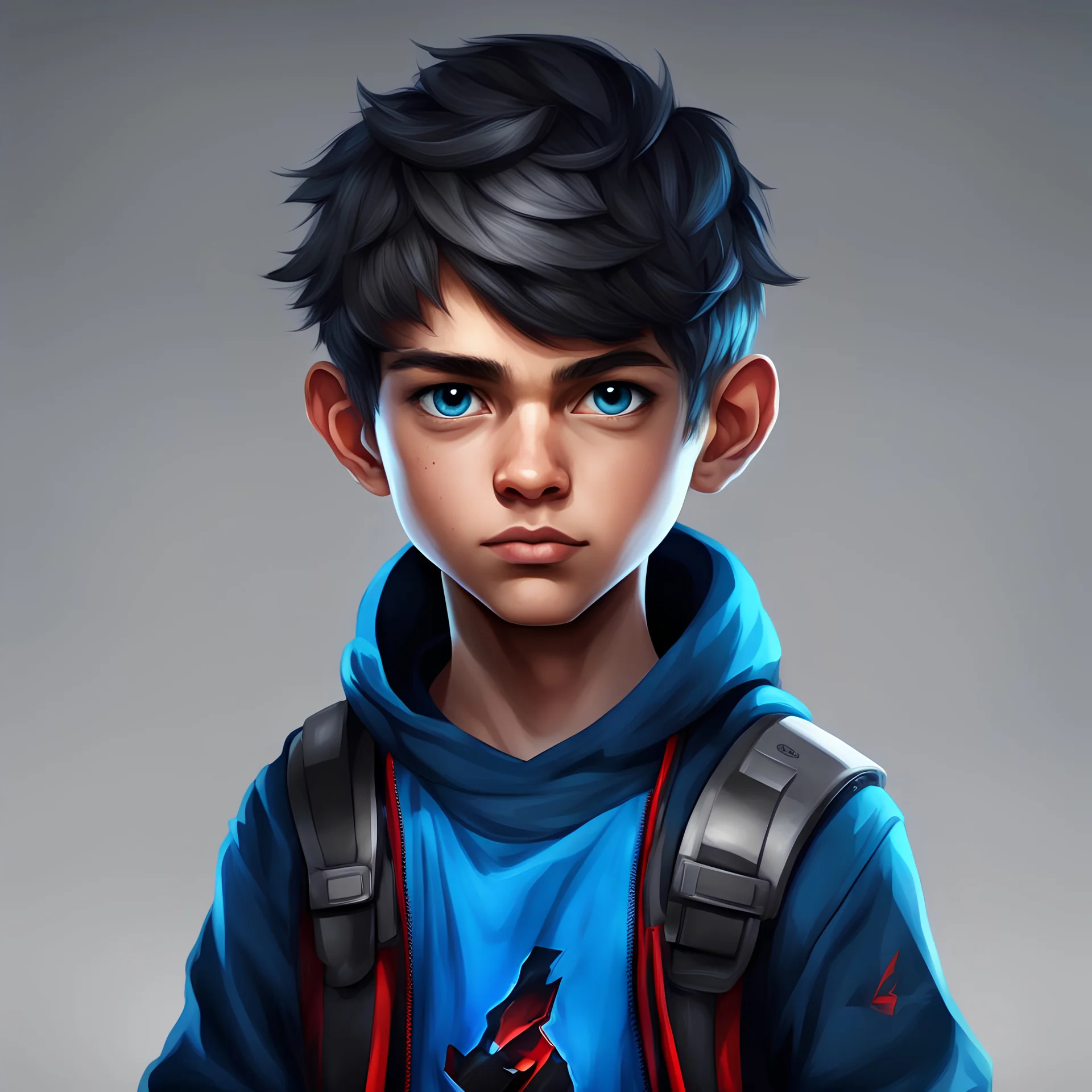 create an avatar of a young boy, he is a gamer and he likes blue, so he has blue, black or red clotes