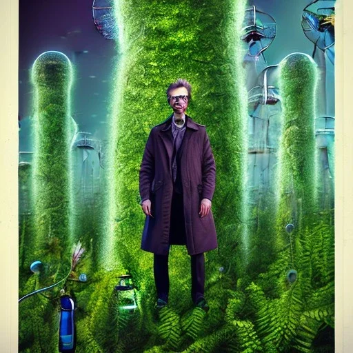 upper body of mad scientist in coat standing by cell towers overgrown with plants, spray paint art, movie poster