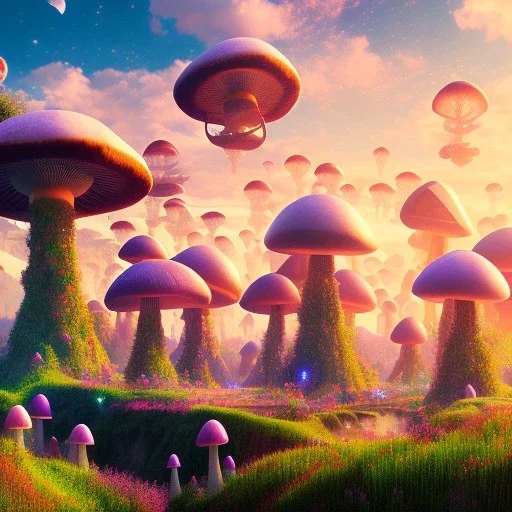 landscape 8k ultra realistic, beautiful, trippy mushroom city, in a pastel style, willow