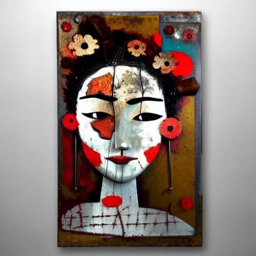 an abstract painting of rusted metal and flowers, Geisha portrait, rust, scaffolding, iron cladding, decay, mixed media, textured, anatomically correct, beautiful perfect face, sharp focus, highly detailed by Joan miro