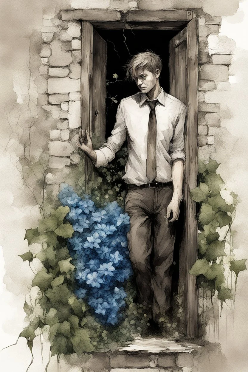 b&w sketch art, close up white man in a blue vintage dress, background old wooden door, overgrown with green ivy with blue flowers, cracks, brick, sepia, watercolor, by Ryohei Hase, Agnes Cecile, Raymond Swanland, Anne Bachelie