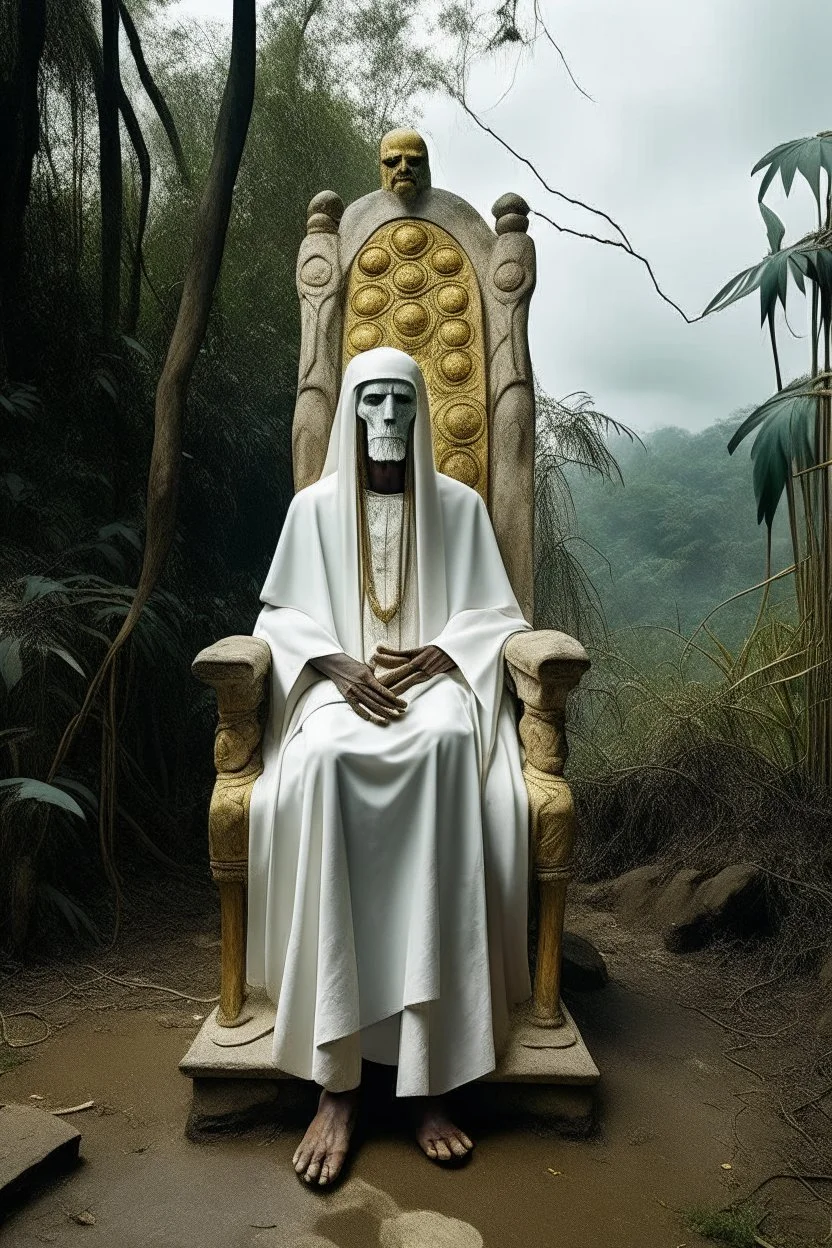 portrait of tall god looks like human but 4 times bigger than normal humans with shining eyes in aba, clothes like Arabs in jungle. Their face is covered in white shall only their eyes are out. Sitting on a stone chair by Dali